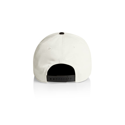 An off white colored hat with a black adjustable snap