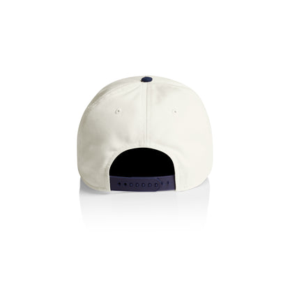 Natural cap with a nav brim and adjustable strap on a white background